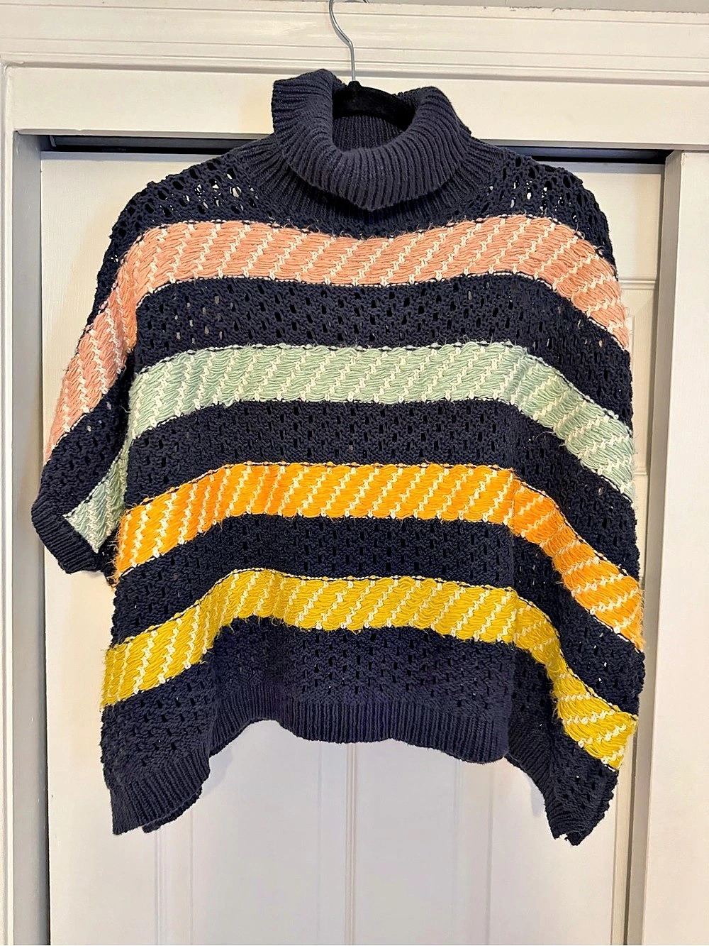 Anthropologie Navy Striped Turtle Neck Sweater Poncho sz one size